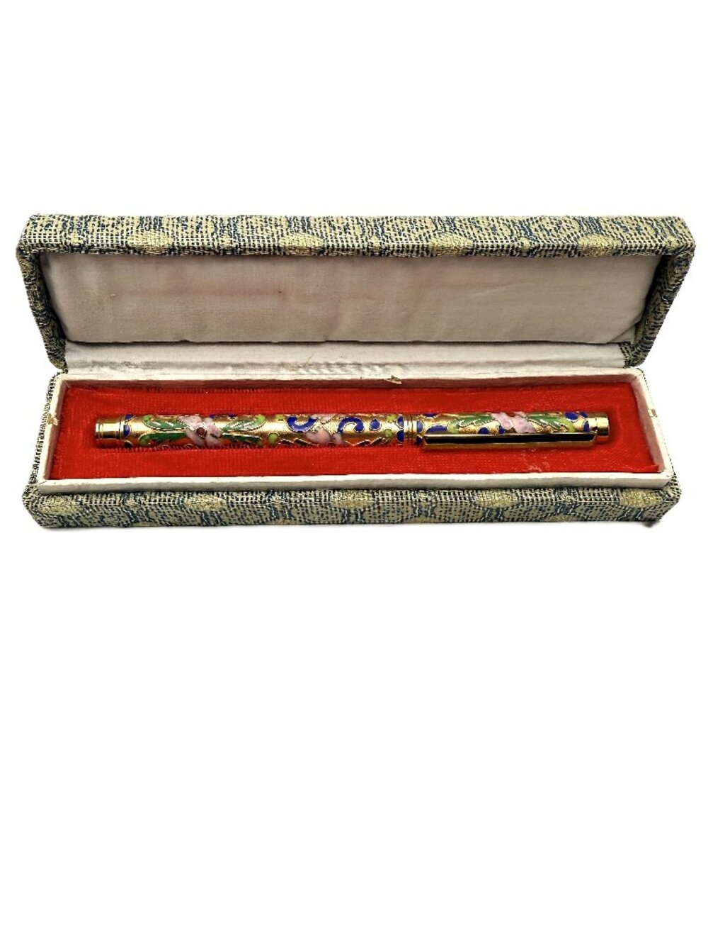 Vintage Chinese Cloisonné Real Gold Vermeil Enameled Pen in Original Brocade Box